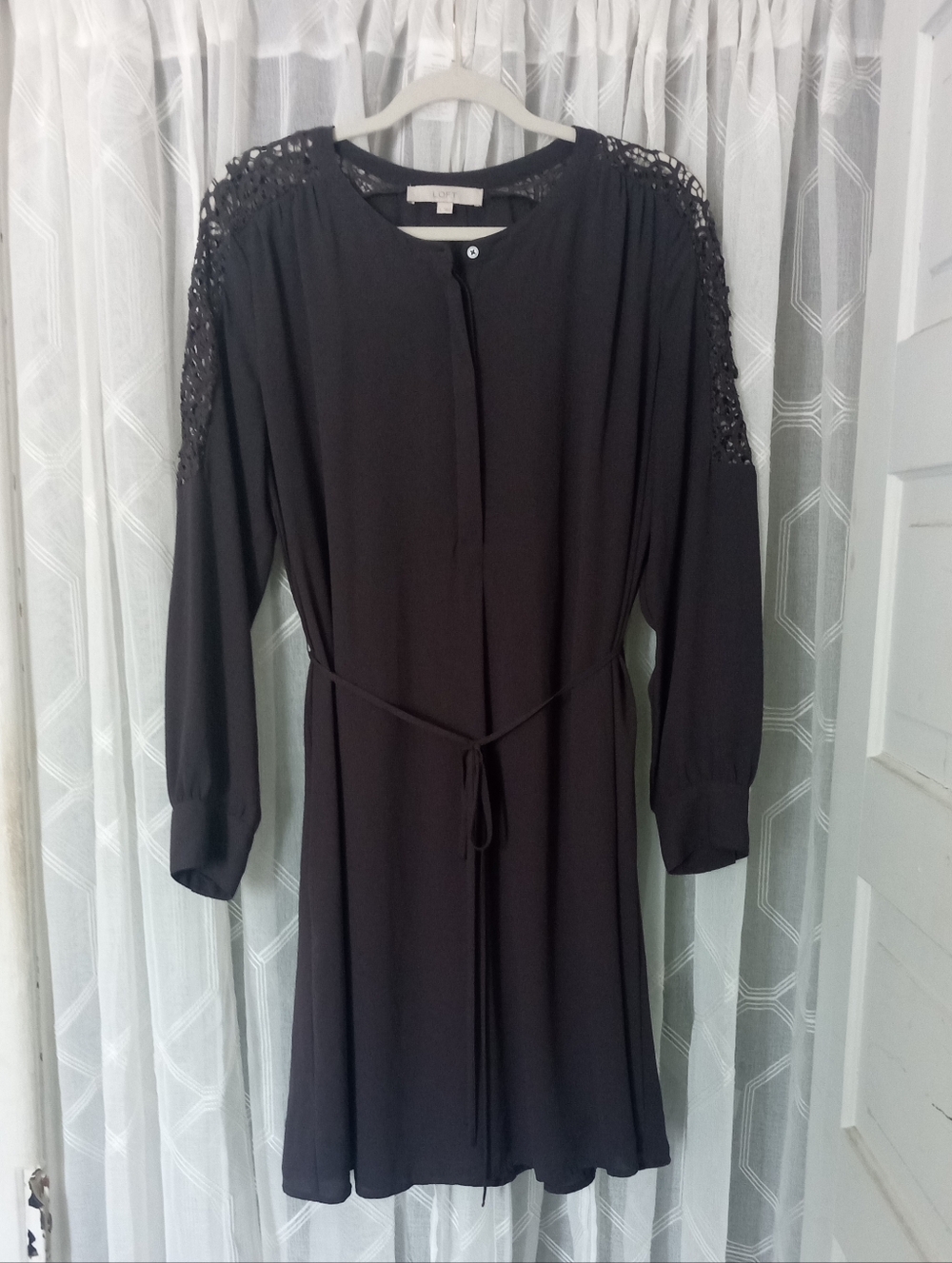 LOFT Charcoal Gray Long Sleeve Dress with Lace Shoulders Size L
